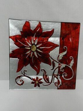 Christmas Poinsettia serving platter tray Holiday Decor Art Glass 10.5" x 10.5"